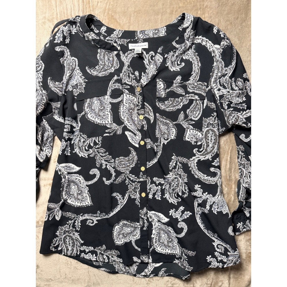 Croft & Barrow Womens Petite Large Black White Paisley Button Front Blouse PL